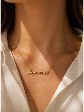 Aquarius Zodiac Birth Sign Script Necklace Gold Tone Dainty  Pendant Adjustable